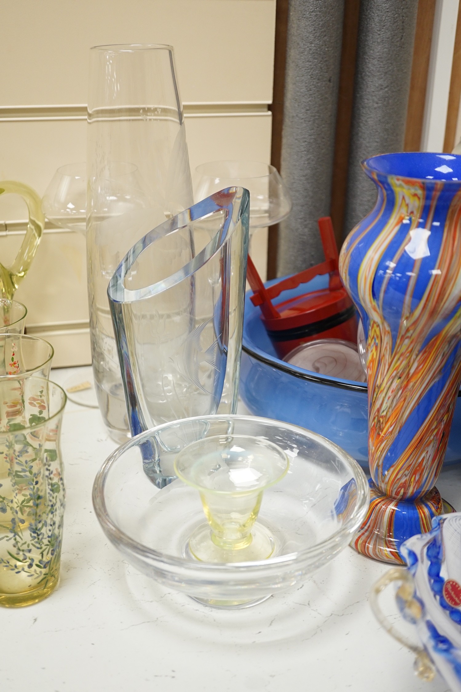 Six porcelain figures, a Murano labelled two handled dish and mixed glassware